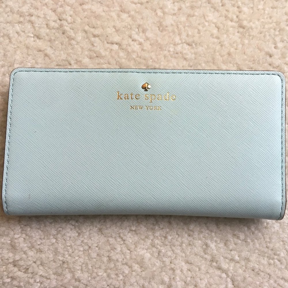 kate spade Saffiano Leather Continental Wallet in Light Blue with Gold Logo
